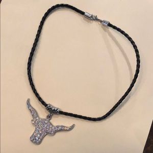 Jeweled Longhorn on Leather Rope Necklace